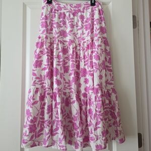 Linen Blend Preppy Floral Flowy Midi Maxi Skirt Womns L Pink White Lauren Conrad
